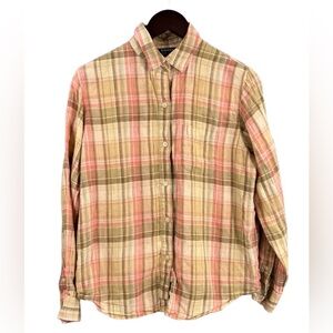 Lauren Ralph Lauren 100% Linen Shirt Button Up Tan Pink Plaid Long Sleeve Large